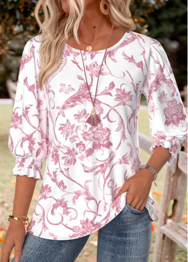 women clothes image of Light Pink Floral Print Smocked 3/4 Sleeve Blouse