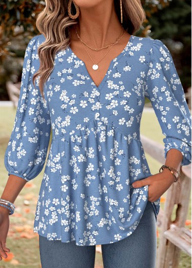 women clothes image of Dusty Blue Ditsy Floral Print Curved Hem Blouse