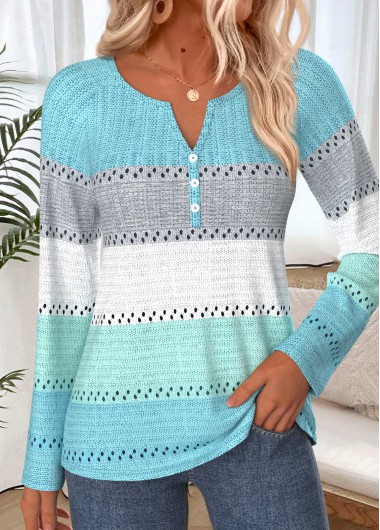 women clothes image of Mint Green Striped Button Long Sleeve T Shirt
