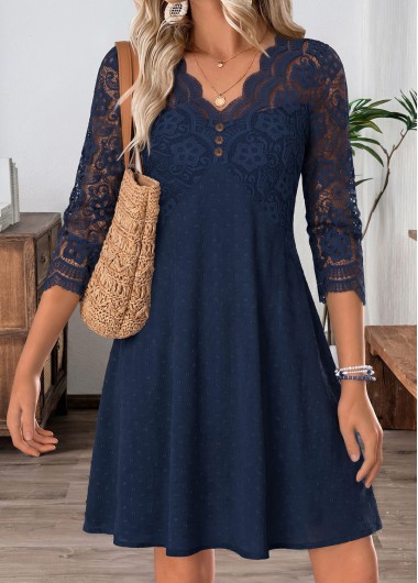 women clothes image of Navy Short Patchwork Long Sleeve V Neck Dress