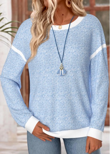 women clothes image of Blue Patchwork Long Sleeve Round Neck Sweatshirt