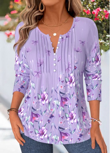 women clothes image of Purple Floral Print Tuck Stitch Long Sleeve T Shirt