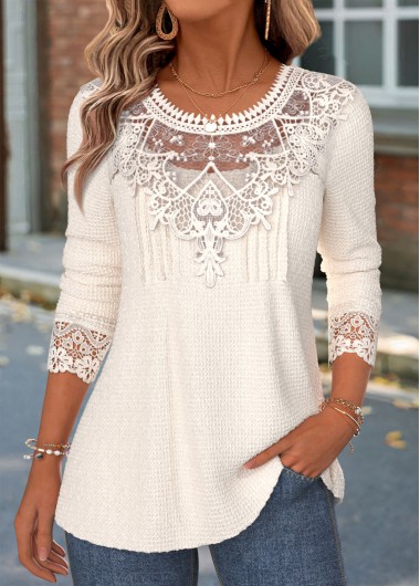 women clothes image of Beige Patchwork Long Sleeve Round Neck T Shirt