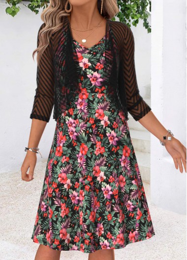 women clothes image of Multi Color Floral Print Two-piece Dress and Cardigan