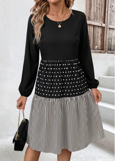 women clothes image of Black Geometric Print Patchwork Long Sleeve Round Neck Dress