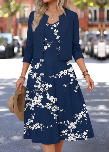 women clothes image of Navy Floral Print Two-piece Long Sleeve Dress and Cardigan