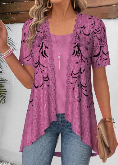 women clothes image of Purple Floral Print Short Sleeve Fake Two Piece Twinset