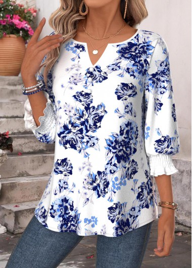 women clothes image of Blue Floral Print Button Short Sleeve Split Neck Blouse