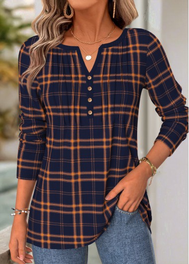 women clothes image of Navy Plaid Curved Hem Long Sleeve T Shirt