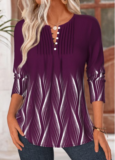women clothes image of Purple Geometric Print Tuck Stitch Long Sleeve Blouse
