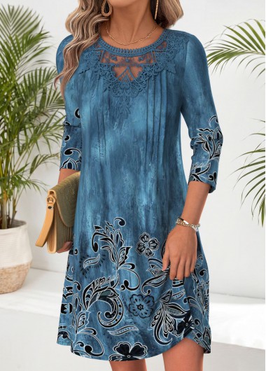 women clothes image of Peacock Blue Tribal Print Short Tuck Stitch Dress