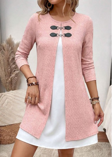 women clothes image of Pink Short Fake 2in1 Long Sleeve Round Neck Dress