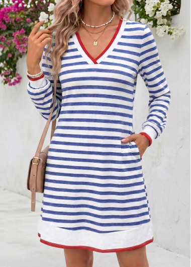 women clothes image of Blue Striped Short Double Side Pockets Long Sleeve Dress