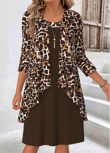 women clothes image of Dark Coffee Leopard Tummy Coverage Dress and Cardigan