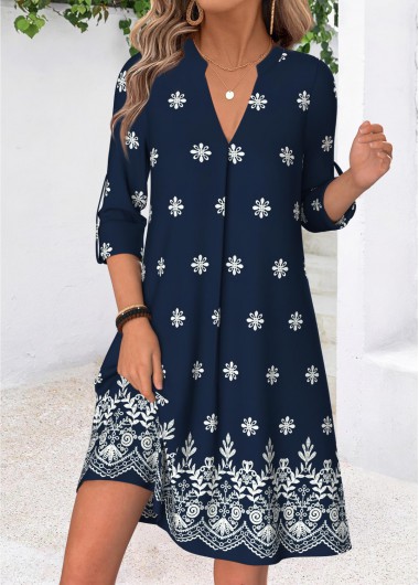 women clothes image of Navy Tribal Print Short Tummy Coverage Long Sleeve Dress