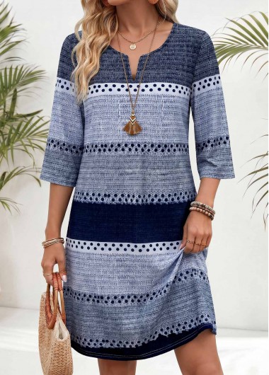 women clothes image of Blue Geometric Print Short Tummy Coverage Half Sleeve Dress