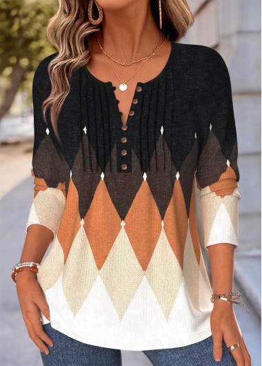 women clothes image of Multi Color Geometric Print Tuck Stitch T Shirt