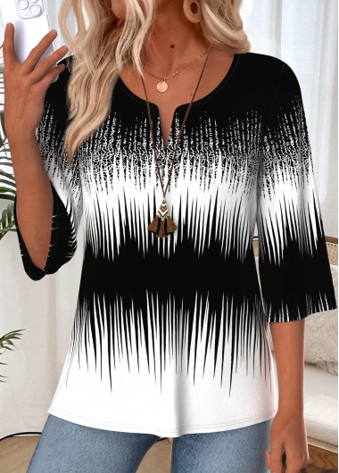 women clothes image of Black Ombre Patchwork 3/4 Sleeve Split Neck T Shirt