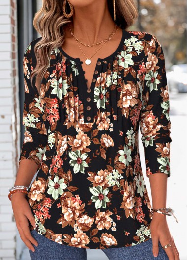 women clothes image of Multi Color Floral Print Tuck Stitch T Shirt