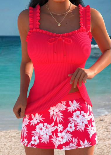 women clothes image of Coral Mid Waisted Frill Tropical Plants Print Tankini Set