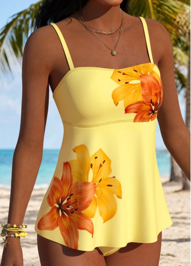 women clothes image of Yellow Mid Waisted Layered Floral Print Tankini Set