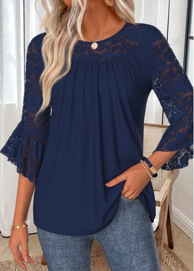 women clothes image of Navy Ruffle 3/4 Sleeve Round Neck Blouse