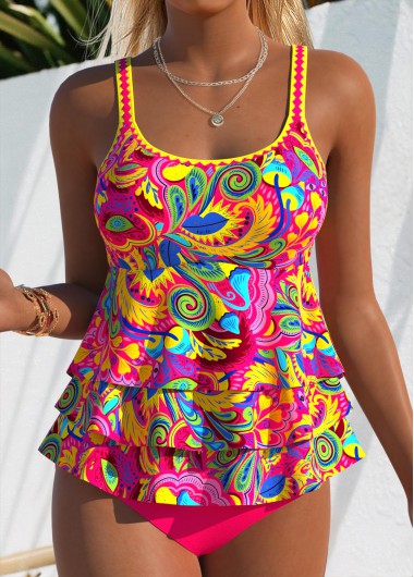 women clothes image of Hot Pink Mid Waisted Curved Hem Tankini Set