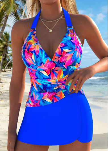 women clothes image of Blue Mid Waisted Two-piece Floral Print Tankini Set
