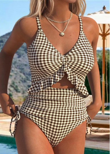 women clothes image of Dark Coffee Ruffle Gingham Print One Piece Swimwear