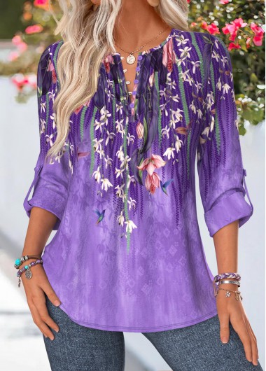 women clothes image of Purple Floral Print Tuck Stitch 3/4 Sleeve Blouse