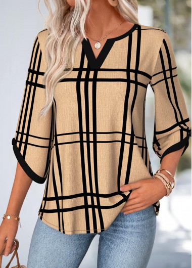 women clothes image of Light Coffee Plaid Curved Hem 3/4 Sleeve Blouse
