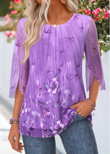 women clothes image of Purple Floral Print Curved Hem 3/4 Sleeve Blouse