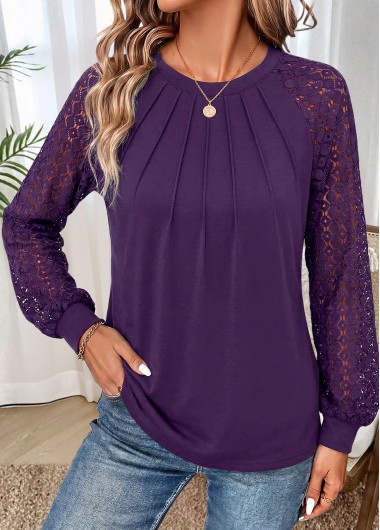 women clothes image of Dark Reddish Purple Patchwork Long Sleeve T Shirt