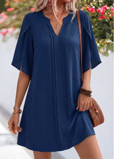 women clothes image of Blue Short Tuck Stitch 3/4 Sleeve Split Neck Dress