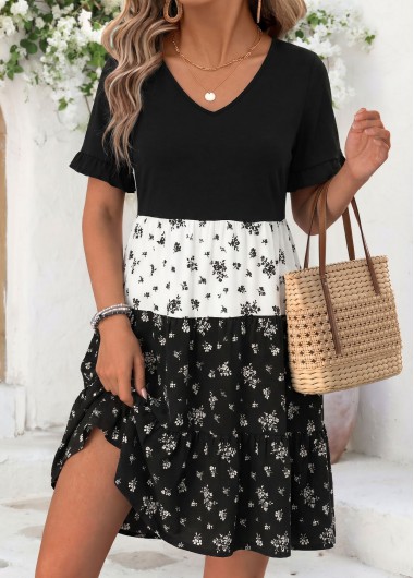 women clothes image of Black Ditsy Floral Print Short Patchwork V Neck Dress