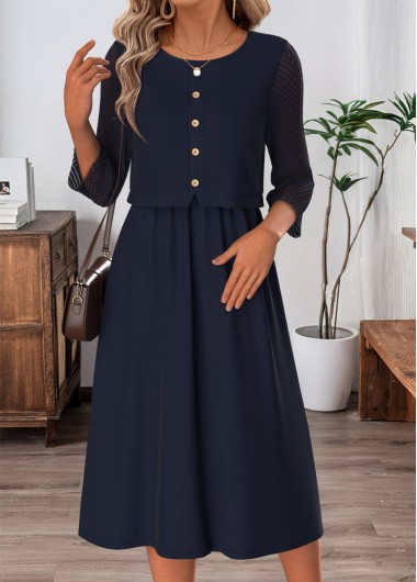 women clothes image of Navy Patchwork Bracelet Sleeve Round Neck Dress