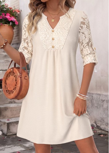 women clothes image of Beige Short Button Long Sleeve Split Neck Dress