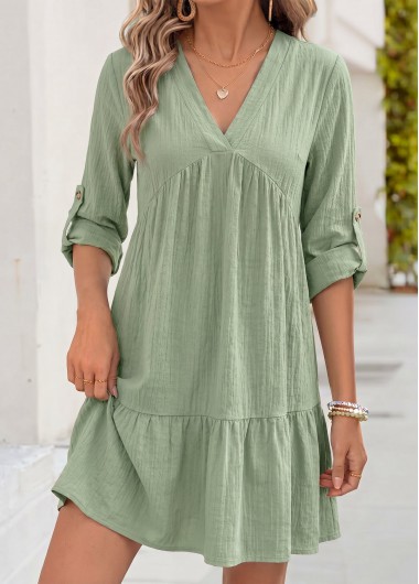 women clothes image of Green Short Tummy Coverage Long Sleeve V Neck Dress