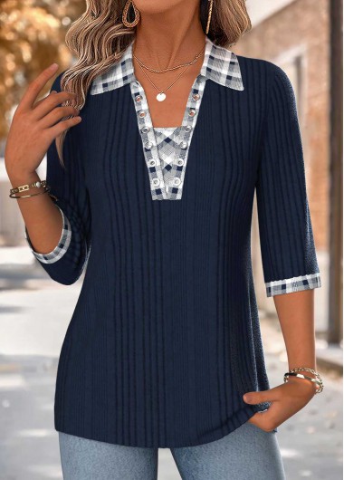 women clothes image of Navy Plaid Patchwork 3/4 Sleeve T Shirt