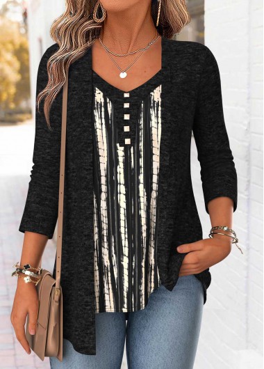 women clothes image of Dark Grey Marl Geometric Print Fake Two Piece Twinset