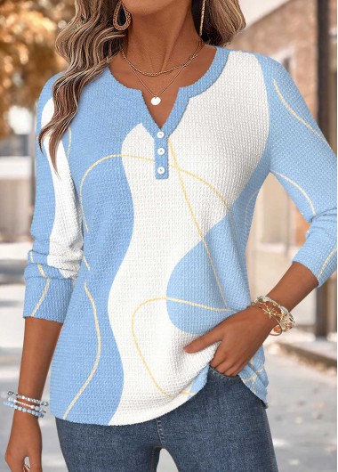 women clothes image of Blue Geometric Print Curved Hem Long Sleeve T Shirt