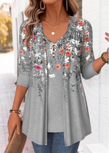 women clothes image of Light Grey Marl Floral Print Fake Two Piece Twinset