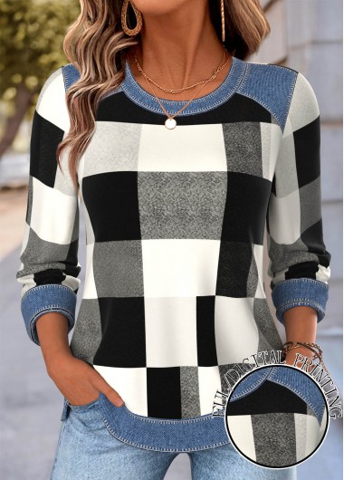 women clothes image of Multi Color Geometric Print Patchwork Long Sleeve T Shirt