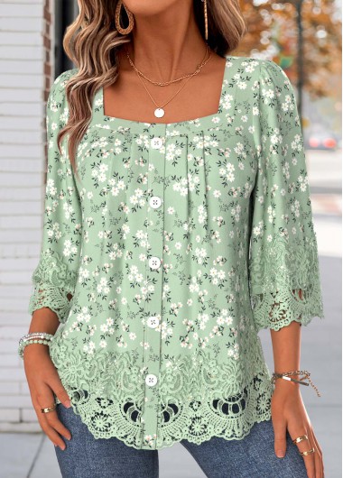 women clothes image of Green Ditsy Floral Print Pleated 3/4 Sleeve T Shirt