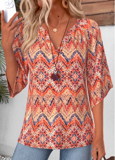 women clothes image of Brick Red Tribal Print Shirred 3/4 Sleeve Blouse