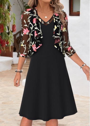 women clothes image of Black Floral Print Two-piece 3/4 Sleeve Dress and Cardigan