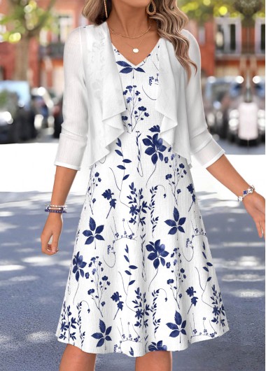 women clothes image of White Leaf Print Two-piece 3/4 Sleeve Dress and Cardigan
