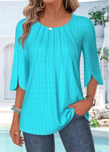 women clothes image of Cyan Curved Hem 3/4 Sleeve Round Neck Blouse
