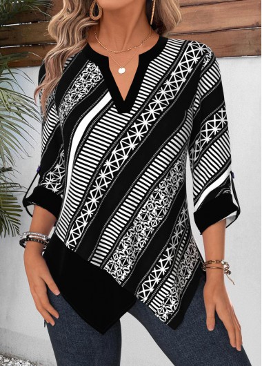 women clothes image of Black Geometric Print Handkerchief Hem 3/4 Sleeve Blouse