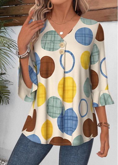 women clothes image of Dark Coffee Geometric Print Curved Hem 3/4 Sleeve Blouse